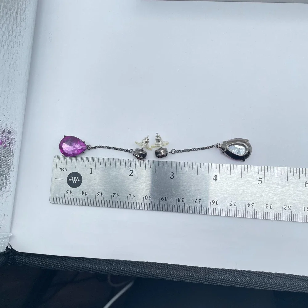 Vintage Gunmetal-Tone Prong Faceted Glass Purple Teardrop Beads Dangle Earrings